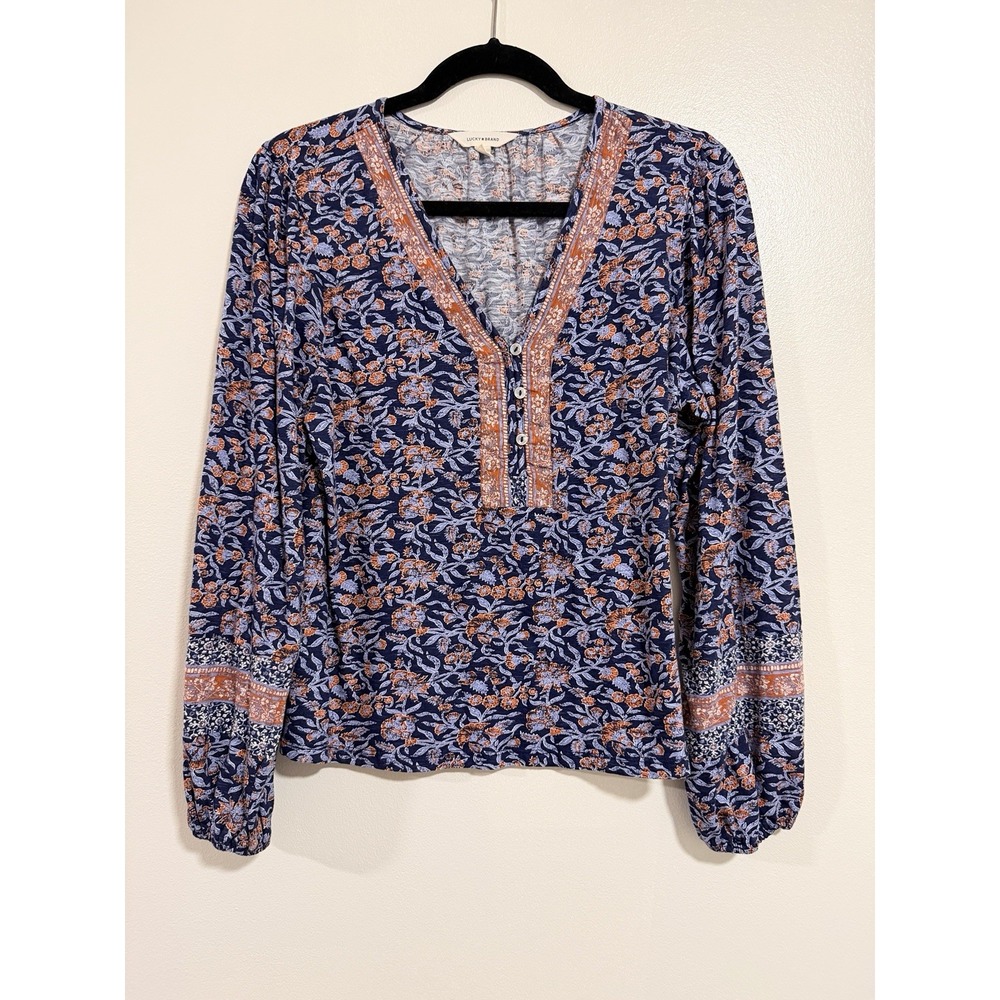 Lucky Brand Women's XL Blue Patterned Blouse Top peasant indie boho festival